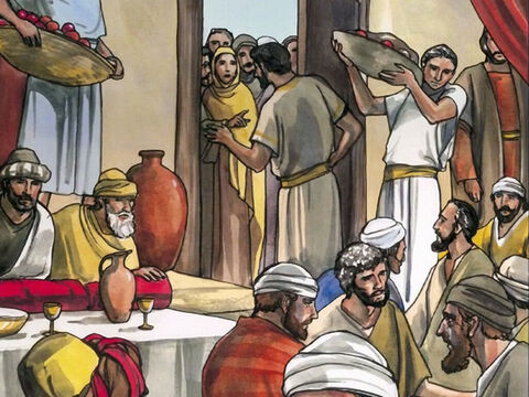 Un pharisien pria Jésus de manger avec lui. Jésus entra dans la maison du pharisien, et se mit à table. – Numéro de diapositive 1