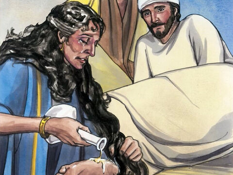Puis il se tourna vers la femme et dit à Simon: “Tu vois cette femme? Je suis entré dans ta maison et tu ne m'as pas donné d'eau pour me laver les pieds; mais elle, elle les a mouillés de ses larmes et les a essuyés avec ses cheveux. – Numéro de diapositive 8