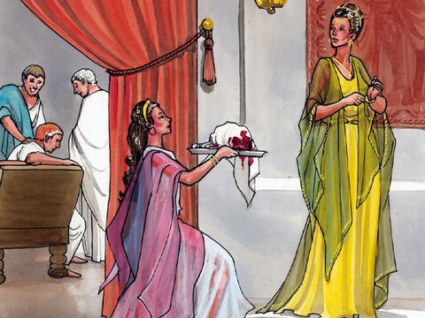Sa tête fut apportée sur un plat, et donnée à la jeune fille, qui la porta à sa mère. – Numéro de diapositive 11