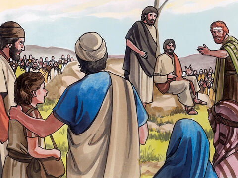 Un de ses disciples, André, frère de Simon Pierre, lui dit: “Il y a ici un jeune garçon qui a cinq pains d’orge et deux poissons; mais qu’est-ce que cela pour tant de gens?” – Numéro de diapositive 5