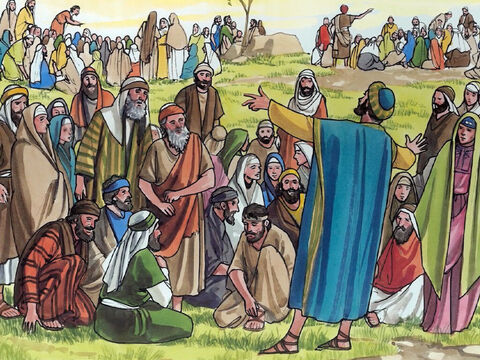 Jésus dit: “Faites-les asseoir.” Il y avait dans ce lieu beaucoup d’herbe. Ils s’assirent donc, au nombre d’environ cinq mille hommes. – Numéro de diapositive 6