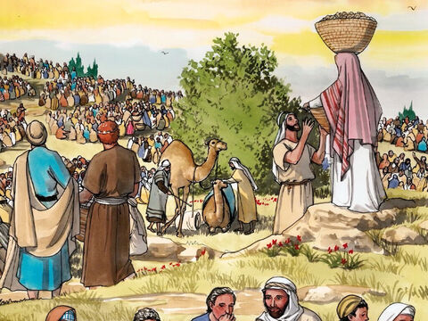 Ils les ramassèrent donc, et ils remplirent douze paniers avec les morceaux qui restèrent des cinq pains d’orge, après que tous eurent mangé. – Numéro de diapositive 10