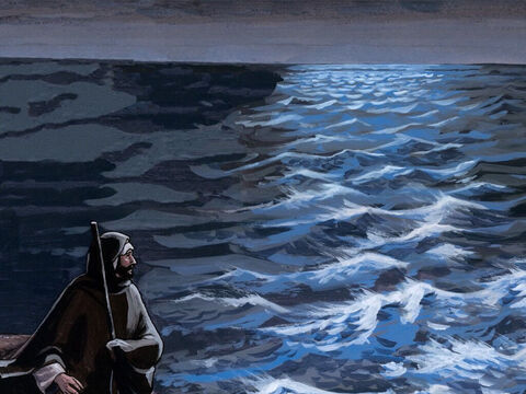 et, comme le soir était venu, il était là seul. La barque, déjà au milieu de la mer, était battue par les flots; car le vent était contraire. – Numéro de diapositive 3