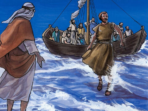 Et il dit: Viens! Pierre sortit de la barque, et marcha sur les eaux, pour aller vers Jésus. – Numéro de diapositive 7