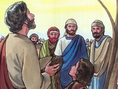 prit les sept pains, et, après avoir rendu grâces, il les rompit, et les donna à ses disciples pour les distribuer; – Numéro de diapositive 6
