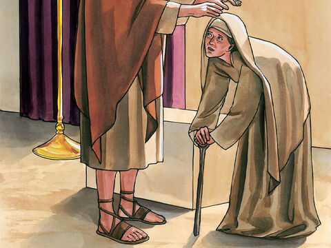 Lorsqu’il la vit, Jésus lui adressa la parole, et lui dit: Femme, tu es délivrée de ton infirmité. Et il lui imposa les mains. – Numéro de diapositive 3