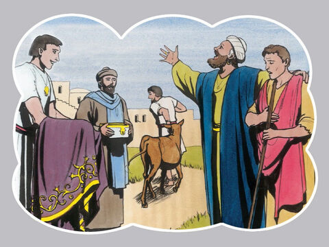 Mais le père dit à ses serviteurs: Apportez vite la plus belle robe, et revêtez-le; mettez-lui un anneau au doigt, et des souliers aux pieds.  Amenez le veau gras, et tuez-le. Mangeons et réjouissons-nous; car mon fils que voici était mort, et il est revenu à la vie; il était perdu, et il est retrouvé. Et ils commencèrent à se réjouir. – Numéro de diapositive 11