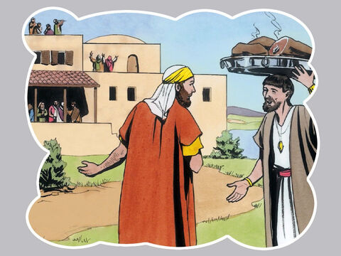 Or, le fils aîné était dans les champs. Lorsqu’il revint et approcha de la maison, il entendit la musique et les danses. Il appela un des serviteurs, et lui demanda ce que c’était. Ce serviteur lui dit: Ton frère est de retour, et ton père a tué le veau gras, parce qu’il l’a retrouvé en bonne santé. Il se mit en colère, et ne voulut pas entrer. – Numéro de diapositive 12