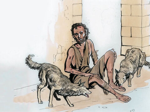 Un pauvre du nom de Lazare était couché devant son portail, couvert d'ulcères. Il aurait bien voulu se rassasier des miettes qui tombaient de la table du riche, cependant même les chiens venaient lécher ses ulcères. – Numéro de diapositive 2