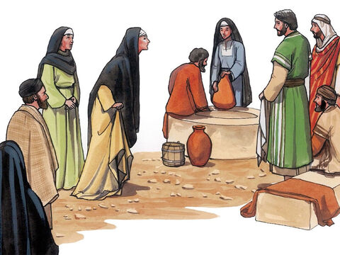 A ces mots, Marie se leva sans attendre et alla vers lui. Jésus n'était pas encore entré dans le village, mais il était à l'endroit où Marthe l'avait rencontré. Les Juifs qui étaient avec Marie dans la maison et qui la consolaient la virent se lever soudain et sortir; ils la suivirent en disant: «Elle va au tombeau pour y pleurer.» – Numéro de diapositive 5