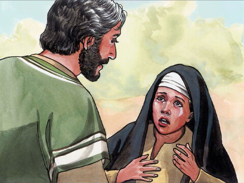 Marie arriva à l'endroit où était Jésus. Quand elle le vit, elle tomba à ses pieds et lui dit: «Seigneur, si tu avais été ici, mon frère ne serait pas mort.» – Numéro de diapositive 6