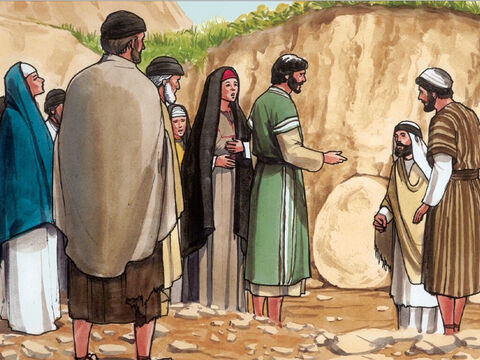 Jésus, de nouveau profondément indigné, se rendit au tombeau. C'était une grotte; une pierre fermait l'entrée. Jésus dit: «Enlevez la pierre.» Marthe, la sœur du mort, lui dit: «Seigneur, il sent déjà, car il y a quatre jours qu'il est là.» Jésus lui dit: «Ne t'ai-je pas dit que si tu crois, tu verras la gloire de Dieu?» – Numéro de diapositive 9