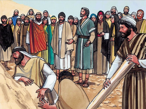 Ils enlevèrent donc la pierre [de l’endroit où le mort avait été déposé]. Jésus leva alors les yeux et dit: «Père, je te remercie de ce que tu m'as écouté. Pour ma part, je savais que tu m'écoutes toujours, mais j'ai parlé à cause de la foule qui m'entoure, afin qu'ils croient que c'est toi qui m'as envoyé.» – Numéro de diapositive 10