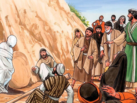 Jésus leur dit: «Détachez-le et laissez-le s’en aller.» Beaucoup de Juifs qui étaient venus auprès de Marie et qui virent ce que Jésus avait fait crurent en lui. – Numéro de diapositive 13