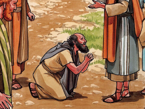 Il tomba le visage contre terre aux pieds de Jésus et le remercia. C'était un Samaritain. – Numéro de diapositive 4