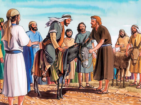 Les disciples allèrent faire ce que Jésus leur avait ordonné. Ils amenèrent l'ânesse et l'ânon, mirent leurs vêtements sur eux, et Jésus s'assit dessus. – Numéro de diapositive 5