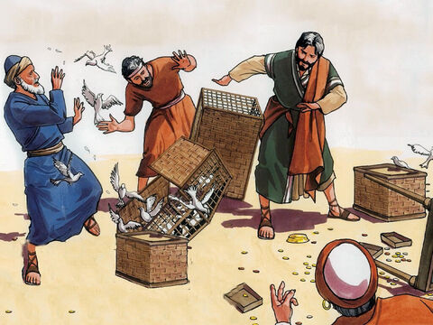 et il renversa les tables des changeurs de monnaie et les sièges des vendeurs de pigeons. Il ne laissait personne transporter un objet à travers le temple – Numéro de diapositive 4