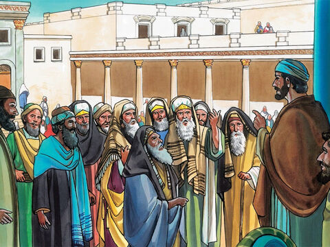 Ils se rendirent de nouveau à Jérusalem et, pendant que Jésus se promenait dans le temple, les chefs des prêtres, les spécialistes de la loi et les anciens vinrent vers lui et lui dirent: «Par quelle autorité fais-tu ces choses et qui t'a donné l'autorité de les faire?» – Numéro de diapositive 11