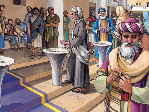 Jésus était assis vis-à-vis du tronc et regardait comment la foule y mettait de l'argent. – Numéro de diapositive 1