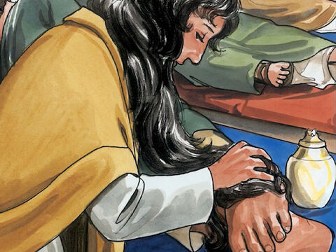 Marie prit un demi-litre d'un parfum de nard pur très cher, en versa sur les pieds de Jésus et lui essuya les pieds avec ses cheveux; la maison fut remplie de l'odeur du parfum. – Numéro de diapositive 3