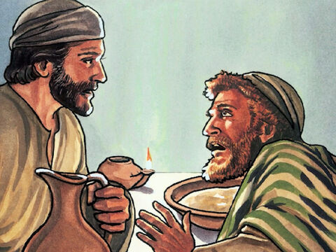 Jésus lui répondit: «Ce que je fais, tu ne le sais pas maintenant, mais tu le comprendras par la suite.» Pierre lui dit: «Non, jamais tu ne me laveras les pieds.» Jésus lui répondit: «Si je ne te lave pas, tu n'auras pas de part avec moi.» – Numéro de diapositive 8