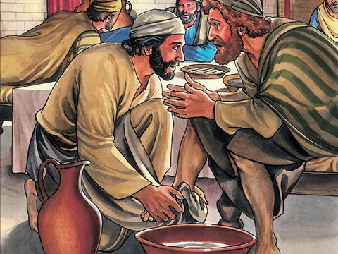 Simon Pierre lui dit: «Seigneur, non seulement les pieds, mais encore les mains et la tête!» Jésus lui dit: «Celui qui s'est baigné n'a besoin que de se laver les pieds pour être entièrement pur, – Numéro de diapositive 9