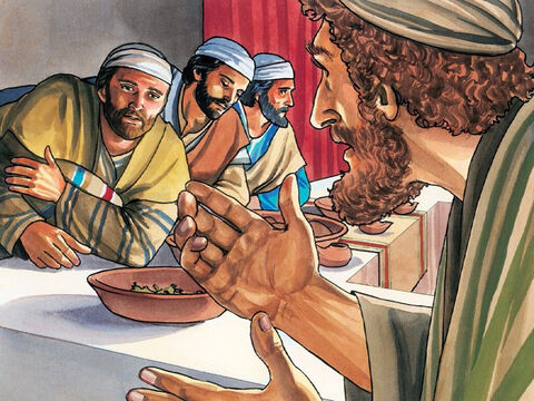 Un des disciples, celui que Jésus aimait, était à table à côté de Jésus. Simon Pierre lui fit donc signe de demander qui était celui dont parlait Jésus. – Numéro de diapositive 3