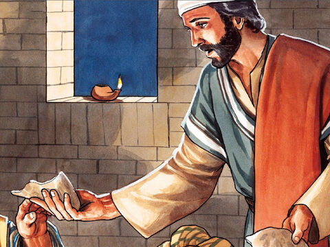 Pendant qu'ils mangeaient, Jésus prit du pain et, après avoir prononcé la prière de bénédiction, il le rompit – Numéro de diapositive 13