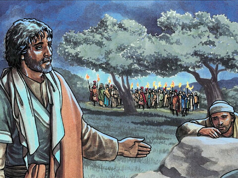 Il les quitta, s'éloigna de nouveau et pria pour la troisième fois, répétant les mêmes paroles. Puis il revint vers ses disciples et leur dit: «Vous dormez maintenant et vous vous reposez! Voici, l'heure est proche et le Fils de l'homme est livré entre les mains des pécheurs. Levez-vous, allons-y! Celui qui me trahit s'approche.» – Numéro de diapositive 10