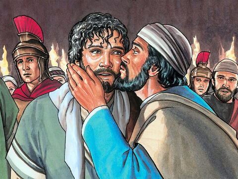 Il s'approcha de Jésus pour l'embrasser. Jésus lui dit: «Judas, c'est par un baiser que tu trahis le Fils de l'homme!» – Numéro de diapositive 12
