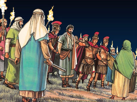 Jésus prit la parole et leur dit: «Vous êtes venus vous emparer de moi avec des épées et des bâtons, comme pour un brigand. – Numéro de diapositive 17