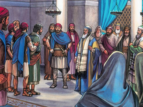 Les chefs des prêtres, [les anciens] et tout le sanhédrin cherchaient un faux témoignage contre Jésus afin de le faire mourir, – Numéro de diapositive 5