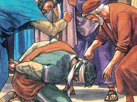 Là-dessus, ils lui crachèrent au visage et le frappèrent à coups de poing; certains lui donnaient des gifles en disant: «Christ, prophétise-nous qui t'a frappé!» – Numéro de diapositive 13
