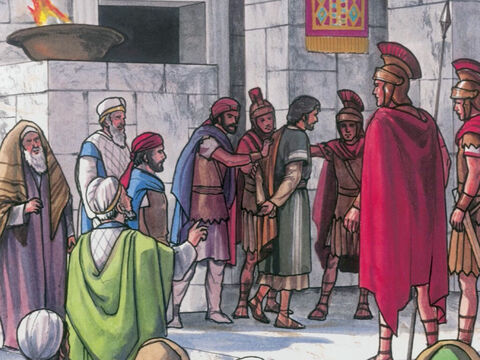 Après l'avoir attaché, ils l'emmenèrent et le livrèrent à [Ponce] Pilate, le gouverneur. – Numéro de diapositive 9