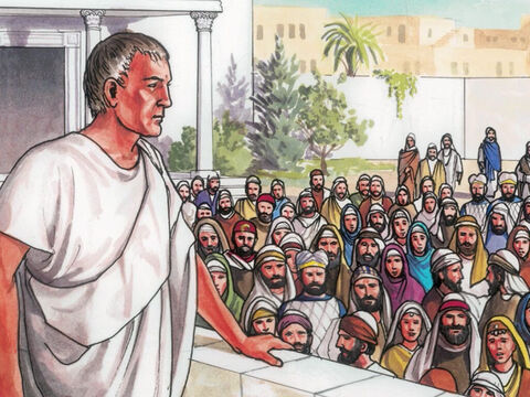Alors la foule s'approcha et commença à demander à Pilate de libérer un prisonnier, comme c'était la coutume. – Numéro de diapositive 3