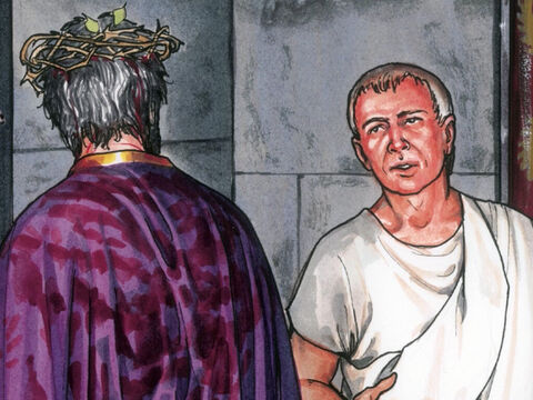 Quand il entendit cette parole, Pilate eut très peur. Il rentra dans le prétoire et dit à Jésus: «D'où es-tu?» mais Jésus ne lui donna aucune réponse. Pilate lui dit: «C'est à moi que tu refuses de parler? Ne sais-tu pas que j'ai le pouvoir de te relâcher et que j'ai le pouvoir de te crucifier?» – Numéro de diapositive 6