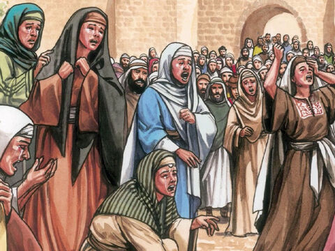Il était suivi par une grande foule composée de membres du peuple et de femmes qui se frappaient la poitrine et se lamentaient sur lui. – Numéro de diapositive 7