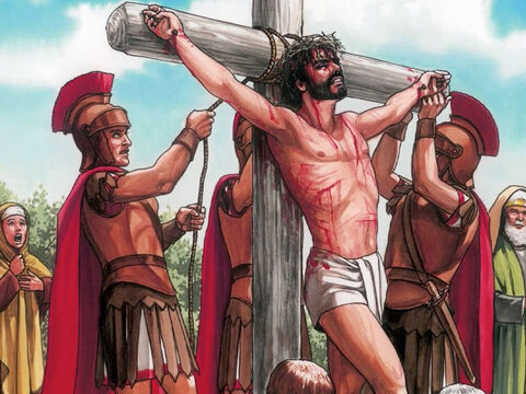 C'est là qu'ils le crucifièrent, et avec lui deux autres, un de chaque côté et Jésus au milieu. – Numéro de diapositive 3