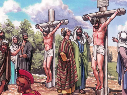Les passants l'insultaient et secouaient la tête en disant: «Toi qui détruis le temple et qui le reconstruis en trois jours, sauve-toi toi-même! Si tu es le Fils de Dieu, descends de la croix!» – Numéro de diapositive 1
