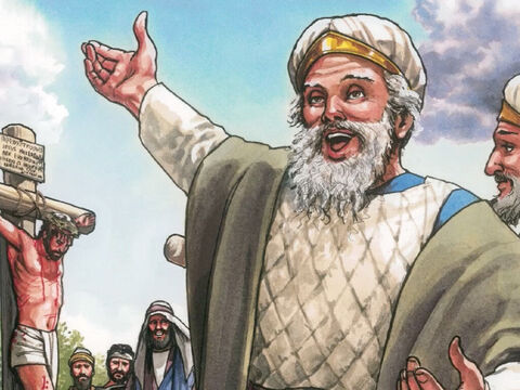 Les chefs des prêtres, avec les spécialistes de la loi et les anciens, se moquaient aussi de lui et disaient: “Il en a sauvé d'autres et il ne peut pas se sauver lui-même! S'il est roi d'Israël, qu'il descende maintenant de la croix et nous croirons en lui.” – Numéro de diapositive 2