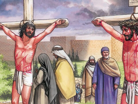 L'un des malfaiteurs crucifiés avec lui l'insultait en disant: «Si tu es le Messie, sauve-toi toi-même, et nous avec toi!» – Numéro de diapositive 3