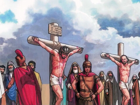 Mais l'autre le reprenait et disait: «N’as-tu aucune crainte de Dieu, toi qui subis la même condamnation? Pour nous, ce n'est que justice, puisque nous recevons ce qu'ont mérité nos actes, mais celui-ci n'a rien fait de mal.» – Numéro de diapositive 4