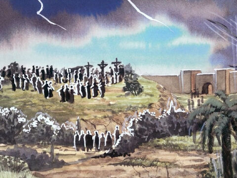 La terre trembla, les rochers se fendirent, les tombeaux s'ouvrirent et les corps de plusieurs saints qui étaient morts ressuscitèrent. – Numéro de diapositive 7