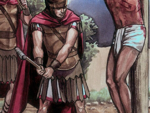 Les soldats vinrent donc briser les jambes du premier, puis du second des condamnés qui avaient été crucifiés avec Jésus. – Numéro de diapositive 3
