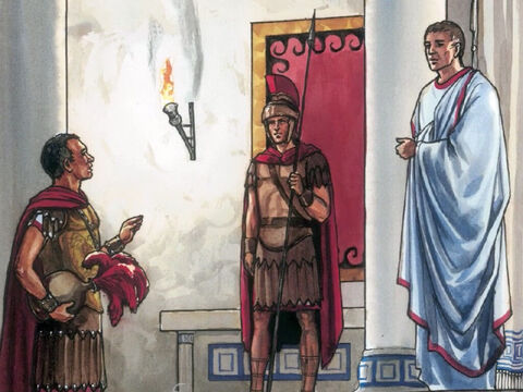 Pilate s'étonna qu'il soit déjà mort; il fit venir l’officier et lui demanda si Jésus était mort depuis longtemps. Une fois renseigné par l’officier, il fit remettre le corps à Joseph. – Numéro de diapositive 7