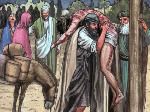 Nicodème, l'homme qui auparavant était allé trouver Jésus de nuit, accompagna Joseph. Il apportait un mélange d'environ 30 kilos de myrrhe et d'aloès. – Numéro de diapositive 8