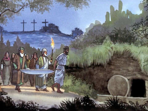 Or, il y avait un jardin à l'endroit où Jésus avait été crucifié, et dans le jardin un tombeau neuf où personne encore n'avait été mis. – Numéro de diapositive 10