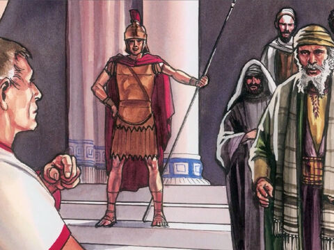 Le lendemain, qui était le jour après la préparation du sabbat, les chefs des prêtres et les pharisiens allèrent ensemble chez Pilate et dirent: «Seigneur, nous nous souvenons que cet imposteur a dit, quand il vivait encore: ‘Après trois jours je ressusciterai.’ – Numéro de diapositive 3