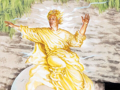 Soudain, il y eut un grand tremblement de terre, car un ange du Seigneur descendit du ciel, vint rouler la pierre [de devant l’ouverture] et s'assit dessus. Il avait l’aspect de l'éclair et son vêtement était blanc comme la neige. – Numéro de diapositive 1