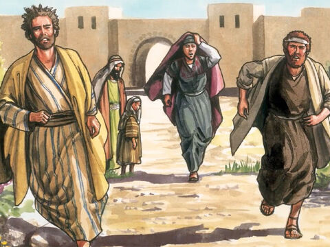 Cependant, Pierre et l'autre disciple sortirent donc et allèrent au tombeau. Ils couraient tous les deux ensemble, mais l'autre disciple courut plus vite que Pierre et arriva le premier au tombeau. – Numéro de diapositive 13